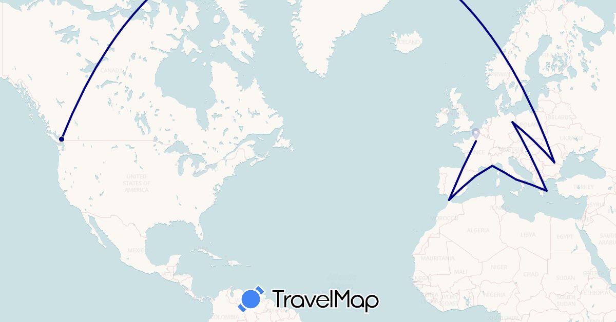 TravelMap itinerary: driving in Canada, Germany, Spain, France, Greece, Italy, Morocco, Romania (Africa, Europe, North America)